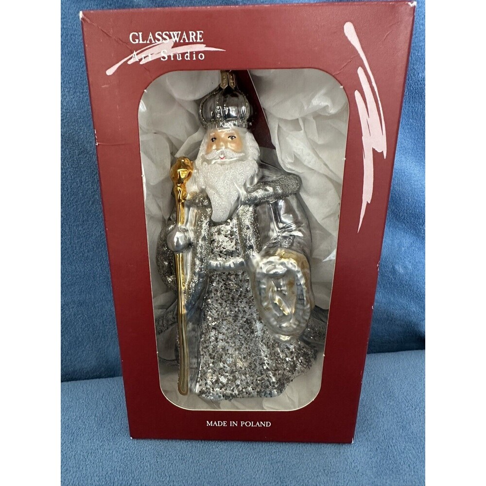 New In Box Glassware Art Studio Silver DED MOROZ W/ Gold Staff Glass Ornament 7”